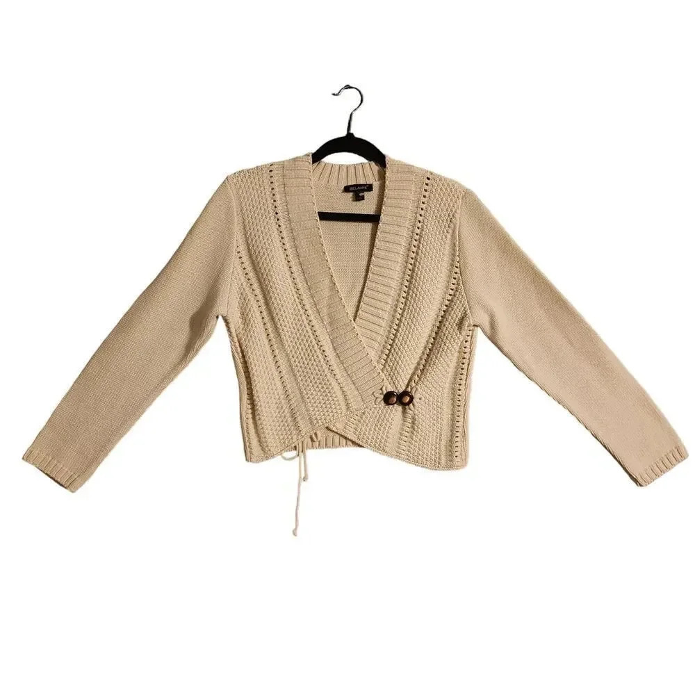 New Belamie Cream Wool Cropped Chunky Sweater Front Button Long Sleeve Large
